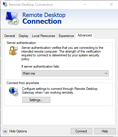 Remote Desktop Connection advanced tab