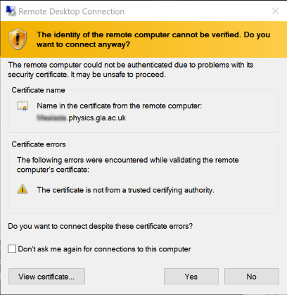 Remote Desktop Connection certificate warning