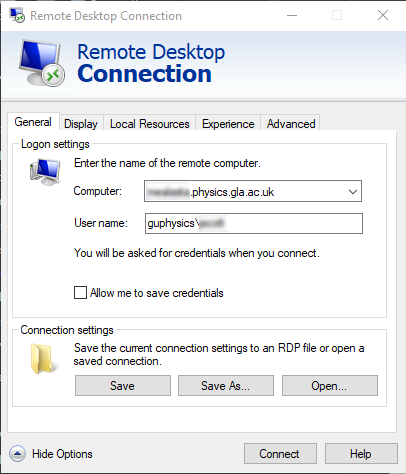 Remote Desktop Connection expanded dialog