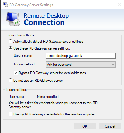 Remote Desktop Connection gateway dialog