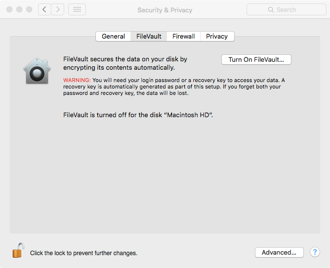 FileVault panel ready for encryption